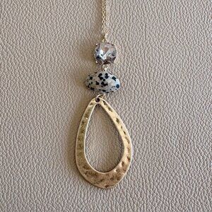 Loft Outlet Gold-Tone Teardrop Pendant Dalmatian Jasper Quartz Long Necklace NWT